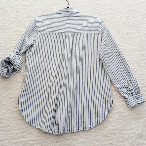 Blouse Size S Navy Linen Button-Up Stripe Preppy Coastal Classic Academia Cruise - Picture 2 of 16